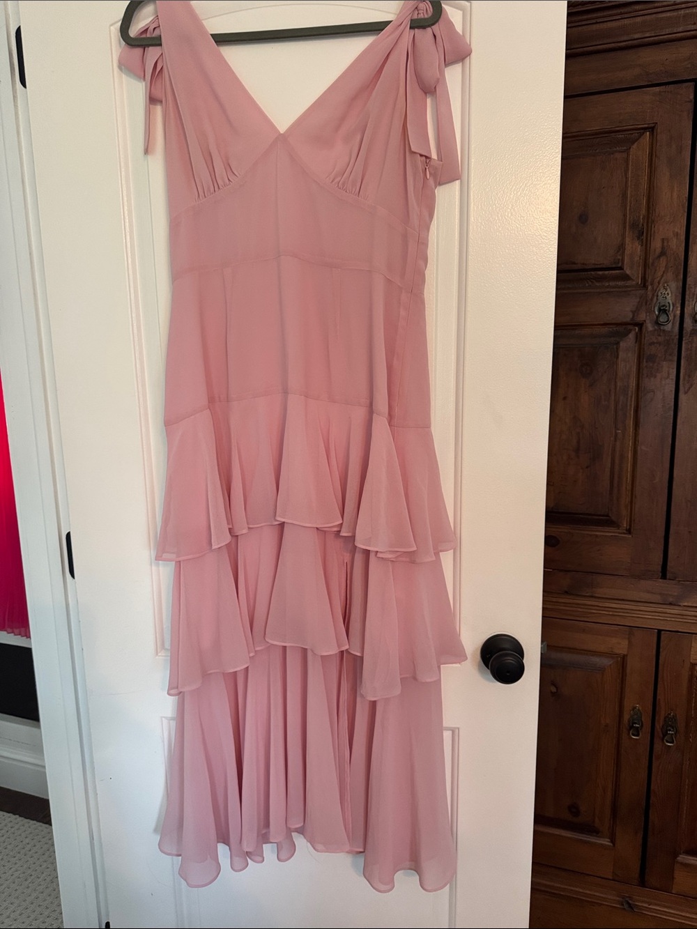Wayf Pink Tiered V-Neck Maxi Dress with Shoulder Ties
